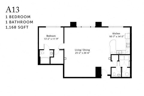 Floor plan for 1 bed, 1.5 baths, 1168 sqft