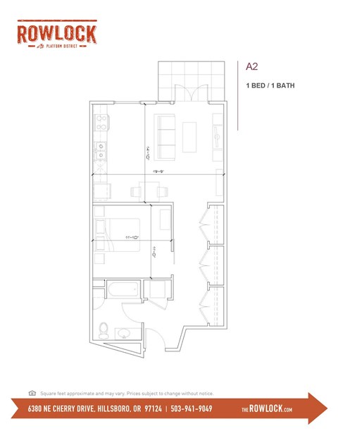 Floor plan for 1 bed, 1 bath, 737 sqft