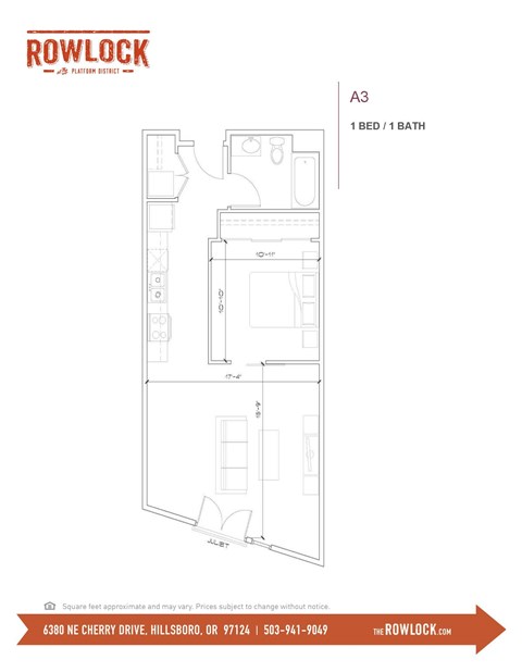 Floor plan for 1 bed, 1 bath, 881 sqft