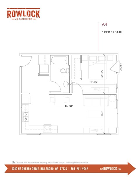 Floor plan for 1 bed, 1 bath, 642 sqft