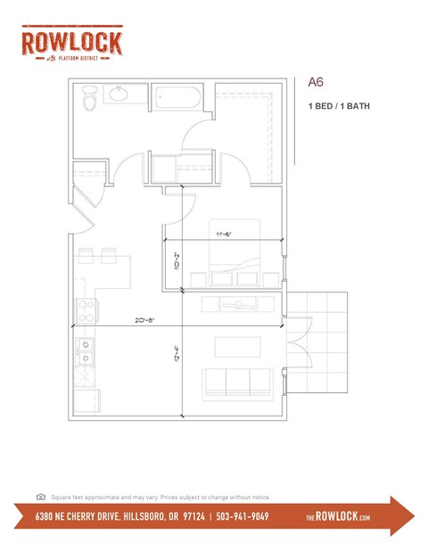 Floor plan for 1 bed, 1 bath, 746 sqft