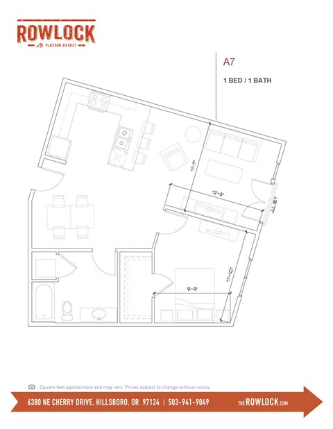 Floor plan for 1 bed, 1 bath, 805 sqft