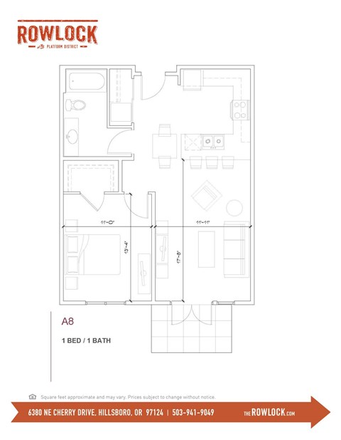 Floor plan for 1 bed, 1 bath, 821 sqft