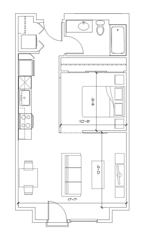 Floor plan for 1 bed, 1 bath, 604 sqft