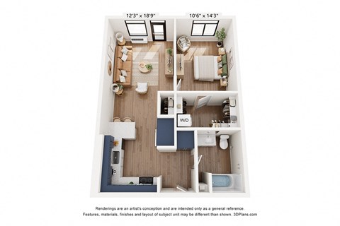 Floor plan for 1 bed, 1 bath, 708 sqft