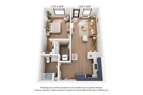 Floor plan for 1 bed, 1 bath, 751 sqft