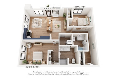 Floor plan for 2 beds, 2 baths, 1109 sqft