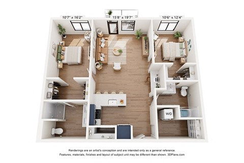 Floor plan for 2 beds, 2 baths, 1111 sqft
