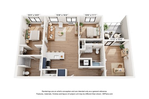 Floor plan for 2 beds, 2 baths, 1140 sqft