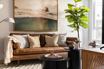 San Diego apartment for rent - a living room with a brown couch and a painting on the wall