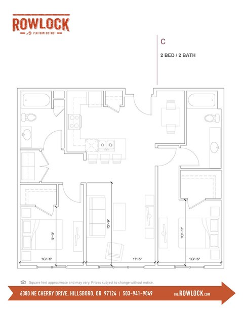 Floor plan for 2 beds, 2 baths, 1006 sqft