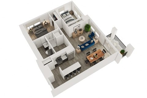 Floor plan for 2 beds, 2 baths, 858 sqft