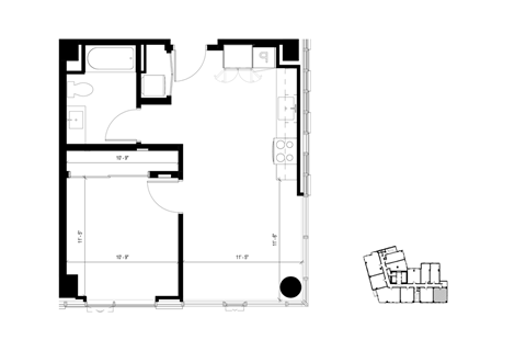 Floor plan for 1 bed, 1 bath, 591 sqft
