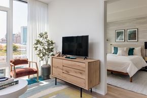 Oakland apartment for rent - a bedroom with a bed and a tv on a dresser