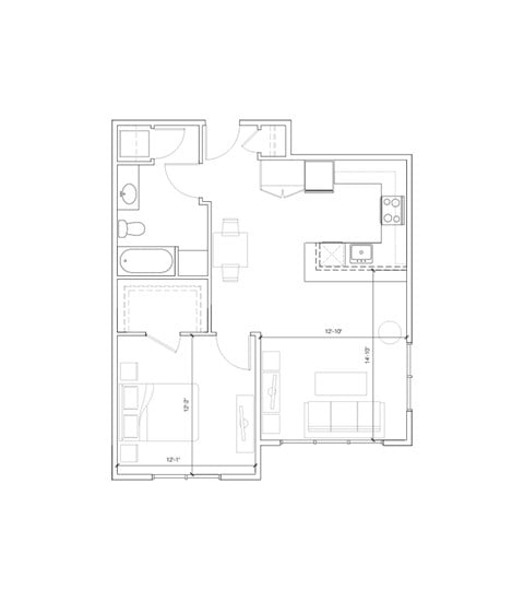 Floor plan for 1 bed, 1 bath, 743 sqft