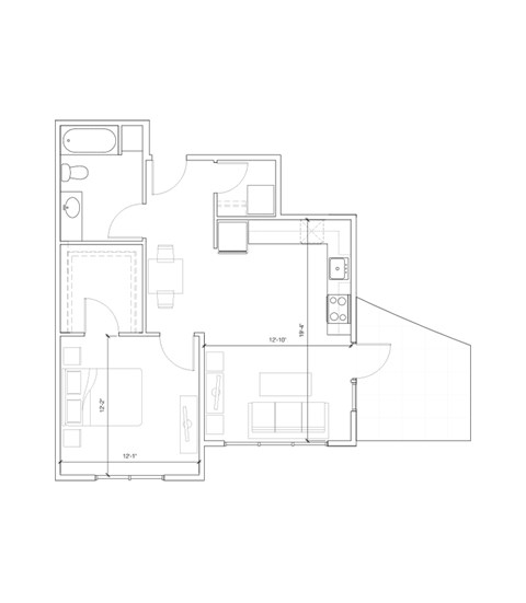 Floor plan for 1 bed, 1 bath, 685 sqft