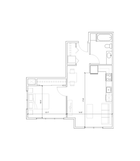 Floor plan for 1 bed, 1 bath, 623 sqft