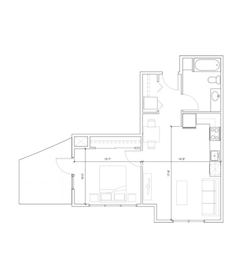 Floor plan for 1 bed, 1 bath, 623 sqft