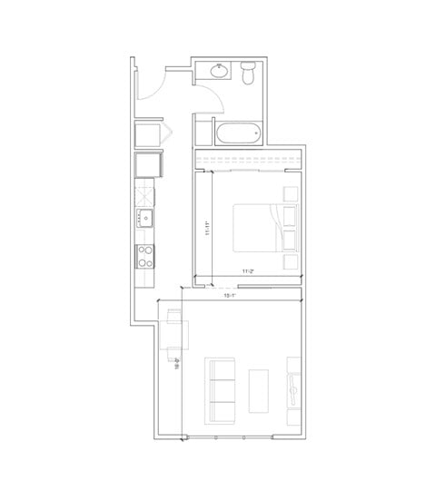 Floor plan for 1 bed, 1 bath, 668 sqft