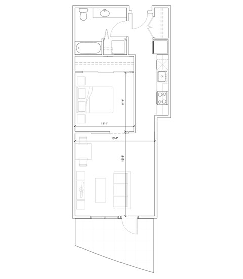 Floor plan for 1 bed, 1 bath, 673 sqft