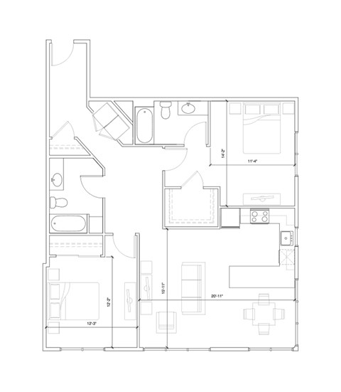 Floor plan for 2 beds, 2 baths, 1186 sqft