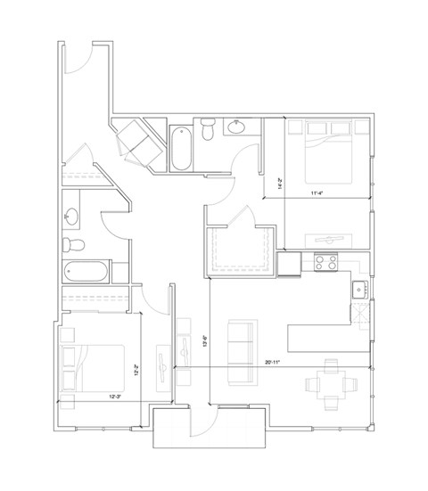 Floor plan for 2 beds, 2 baths, 1157 sqft