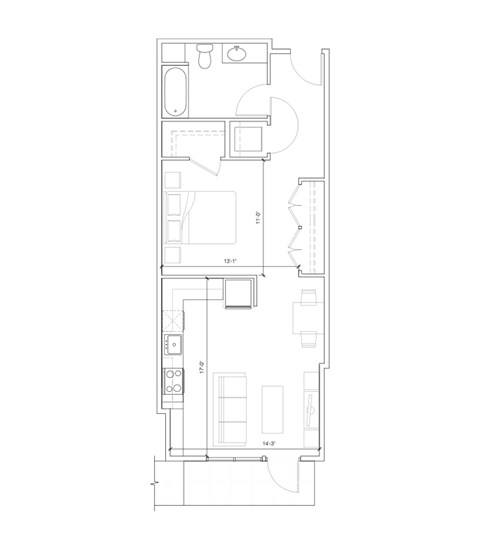 Floor plan for studio, 1 bath, 657 sqft