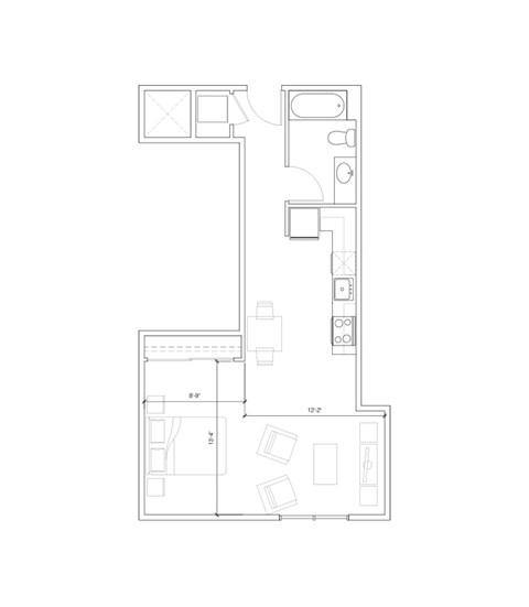 Floor plan for studio, 1 bath, 568 sqft