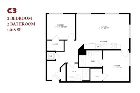 Floor plan for 2 beds, 2 baths, 1018 sqft