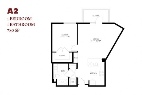 Floor plan for 1 bed, 1 bath, 780 sqft