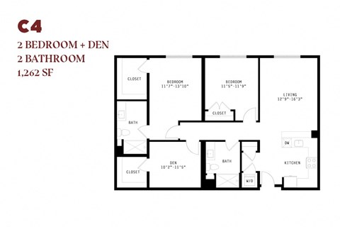 Floor plan for 2 beds, 2 baths, 1262 sqft