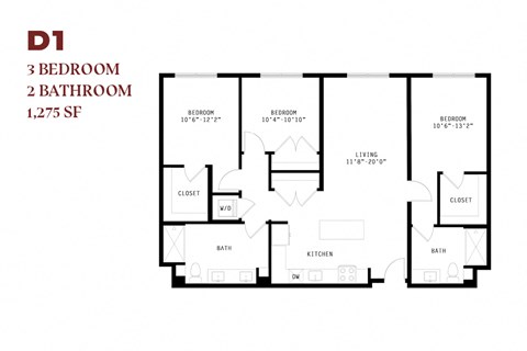 Floor plan for 3 beds, 2 baths, 1275 sqft