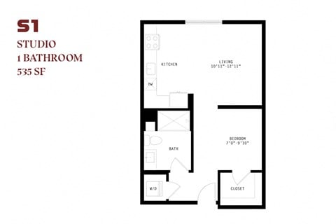 Floor plan for studio, 1 bath, 535 sqft