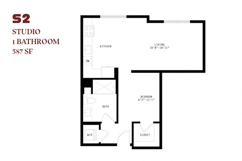 Floor plan for studio, 1 bath, 587 sqft