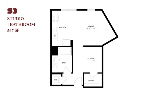 Floor plan for studio, 1 bath, 567 sqft