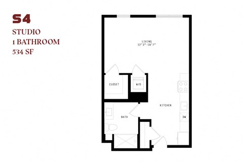 Floor plan for studio, 1 bath, 534 sqft