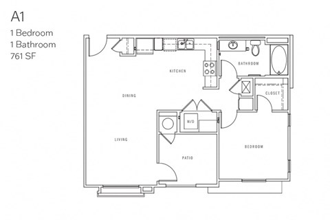 Floor plan for 1 bed, 1 bath, 761 sqft