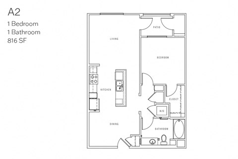 Floor plan for 1 bed, 1 bath, 816 sqft
