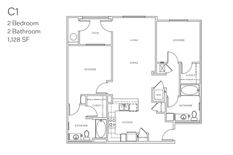 Floor plan for 2 beds, 2 baths, 1128 sqft