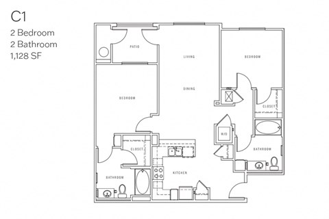 Floor plan for 2 beds, 2 baths, 1128 sqft