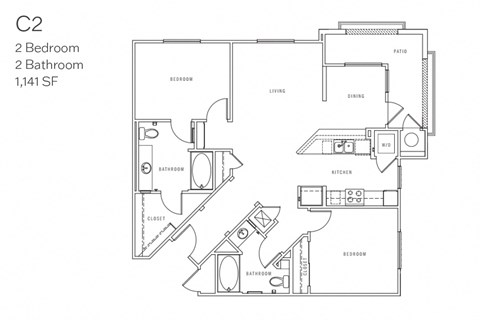 Floor plan for 2 beds, 2 baths, 1141 sqft