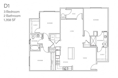 Floor plan for 3 beds, 2 baths, 1358 sqft