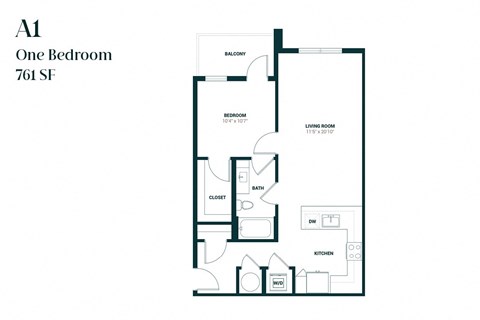 Floor plan for 1 bed, 1 bath, 761 sqft