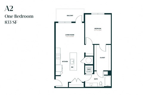Floor plan for 1 bed, 1 bath, 833 sqft