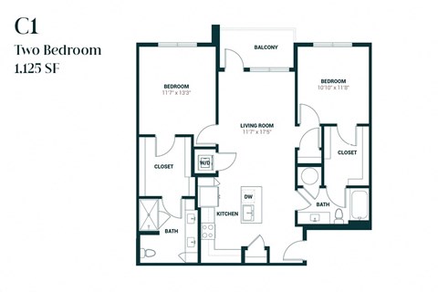 Floor plan for 2 beds, 2 baths, 1125 sqft