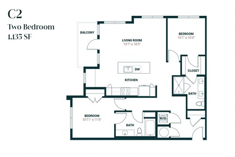 Floor plan for 2 beds, 2 baths, 1135 sqft