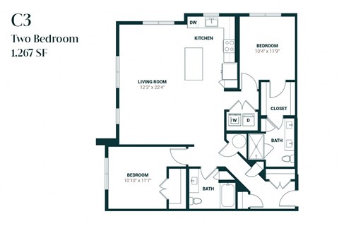 Floor plan for 2 beds, 2 baths, 1207 sqft