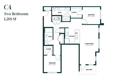 Floor plan for 2 beds, 2 baths, 1201 sqft