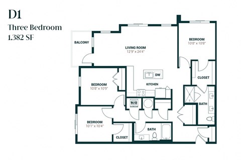 Floor plan for 3 beds, 2 baths, 1382 sqft