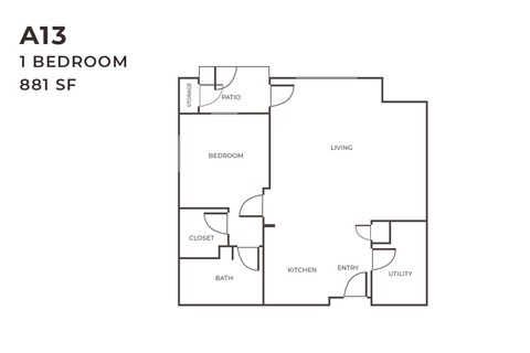 Floor plan for 1 bed, 1 bath, 881 sqft